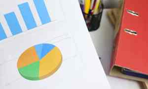 Financial charts with bar and pie graphs on a desk for wealth management insights.